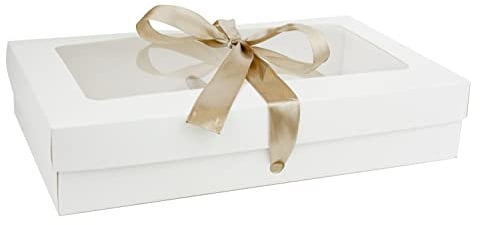 Emartbuy Pack of 12 Rectangle Shaped Presentation Gift Box, (Size 3) 25 cm x 15 cm x 5 cm, White Kraft Box with Clear Lid and Satin Ribbon