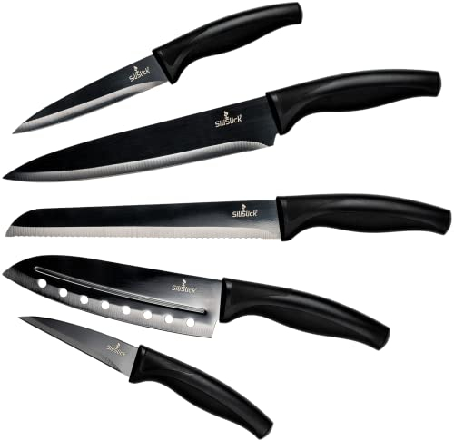 SiliSlick Messerset, 5 Scharfe Küchenmesser als Set zum Kochen, Hochwertige Klingen aus Edelstahl, Titanbeschichtung mit Regenbogeneffekt, Ergonomische Griffe, Schwarzer Griff Klinge