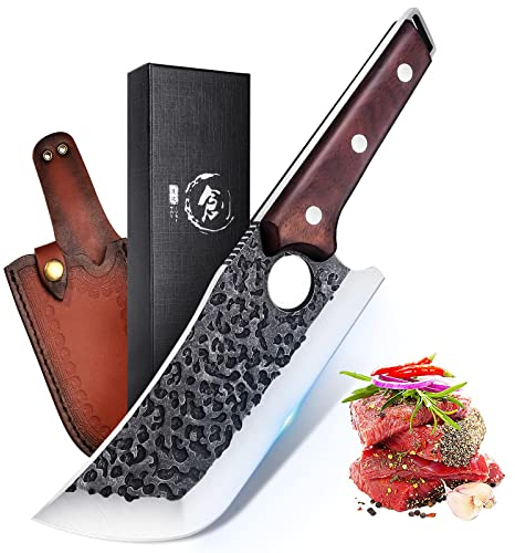PURPLEBIRD Hachoir Couteau de cuisine japonais à lame extra-épaisse (5 mm), Hachette de boucher forgée à la main avec manche en bois, Hachette à os Couteau à désosser avec étui en cuir