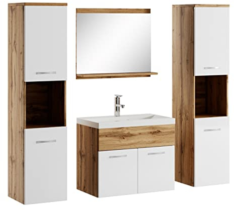 Badplaats B.V. Badezimmer Badmöbel Set Montreal XL 60cm Waschbecken Eiche mit Weiß - Unterschrank Hochschrank Waschtisch Möbel