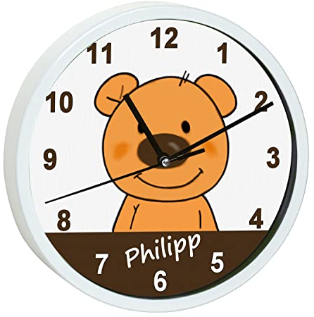 CreaDesign, Wanduhr Kinder personalisiert mit Name, Motiv Teddy Bär, Rahmen Wanduhr weiß, Ø 19,5 cm