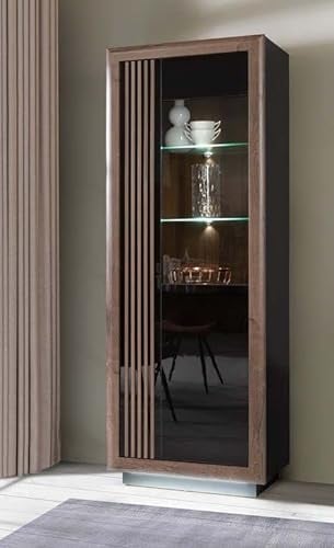 Forte Savona Vitrine R 70 75, Moderne Vitrine mit 1 Tür, Vitrinenschrank Wohnzimmer, Holzwerkstoff, Schwarz/Edeleiche Holzdekor/Schwarz Hochglanz, 73,3 cm breit x 197 cm hoch x 42,3 cm tief
