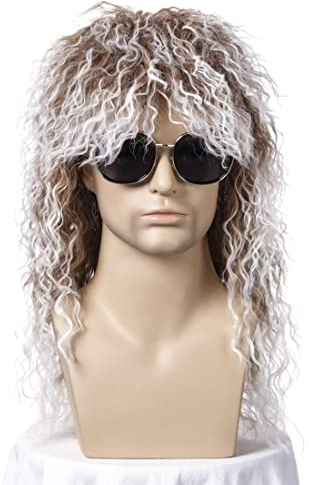 70er Jahre 80er Jahre Rocker Perücke Herren, ATAYOU Lange Braun Gemischt Silber Weiß Punk Heavy Metal Perücke Rocker Disco Perücke für Karneval Halloween Cosplay Kostüm