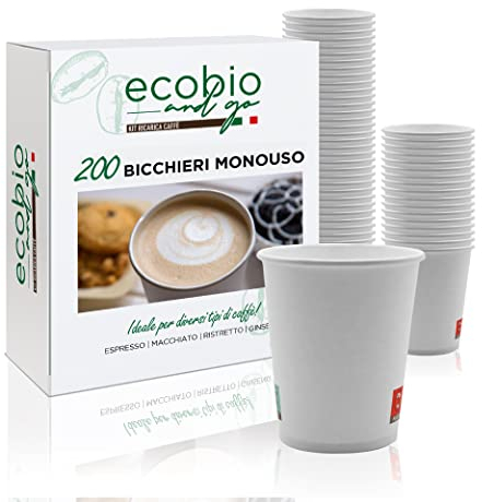 Ecobio and Go - 200 Bicchieri Acqua di Carta 200ml, Bicchieri Cara Biodegradabili e Compostabili, Bicchieri Monouso Senza Plastica Per Te' e Caffè, Bianchi