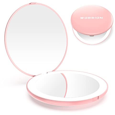WOBSION Miroir Maquillage de Voyage éclairé par LED, 1x/10x à grossissement Miroirs Compact, Portable pour Sac à Main, Poche, Miroir Pliable éclairé de 9cm, Miroirs portatif à Deux Faces, Rond, Rose