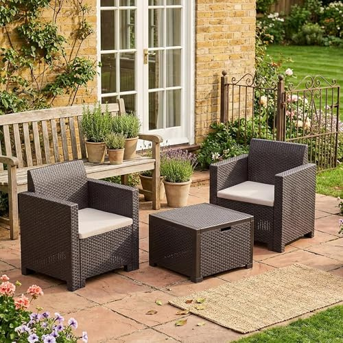 Dmora - Lounge-Set für den Außenbereich Neptune, Gartenset mit Kissen, Lounge-Set für den Innenbereich in Rattan-Optik, 100% Made in Italy, Braun