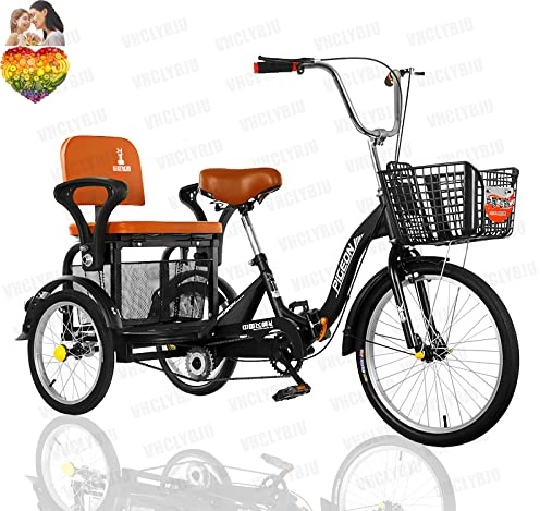 VHCLYBJU Triciclo per adulti per donna Triciclo pieghevole da 20 pollici con sedile posteriore + cesto allargato per due persone per viaggiare triciclo carico massimo 390 libbre (BLACK)