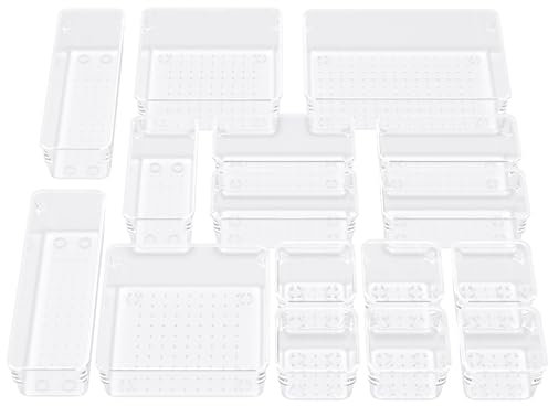 BTGGG 16 Pcs Clear Drawer Organiser Tray, Desk Organiser Drawers with 5 Sizes for Makeup, Office Supplies, Plastic Storage Drawer Dividers for Closet Bedroom Bathroom Kitchen