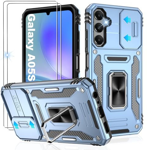 Galaxy A05s 4G Phone Case with Slide Camera Cover and Screen Protector×[2 Pack], Shockproof for Samsung A05s 4G Case with 360°Magnetic Ring Holder Kickstand,Case for Samsung Galaxy A05s 4G Light Blue
