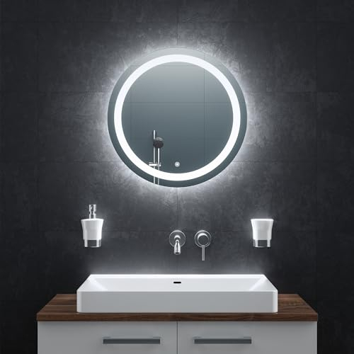 BR Bringer LED Badspiegel Rund - 60cm - Badezimmerspiegel mit Beleuchtung und Anti-Beschlag Funktion - Dimmbar, Energiesparend, 3 Lichtfarben, Touch-Schalter und Speicherfunktion (Modell: BRRS203)
