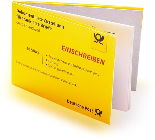 10 Stück selbstklebende Einschreiben-Briefmarken Einschreiben-Marken Porto Etiketten Label Aufkleber mit Barcode im Block | Versicherung bis 25 EUR | Zustellung nur gegen Unterschrift