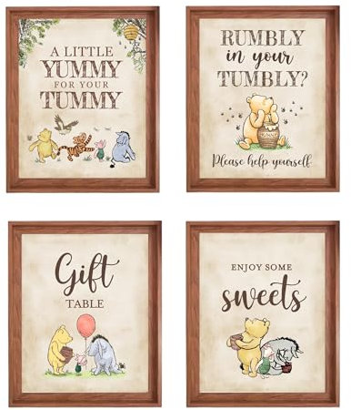 Unbala 4PCS Winnie Table Sign Centerpieces A Little Yummy for Your Tummy for Baby Shower Decorations Pooh Birthday Decorations Welcome Baby Party Supplies(8x10in),Beige