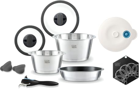 cookvision Einsteiger-Set 10-tlg. schwarz, 2x Edelstahltöpfe und 1x Pfanne für alle Herdarten, 1x Glasdeckel, 1x Griff, platzsparend, innovatives Zubehör