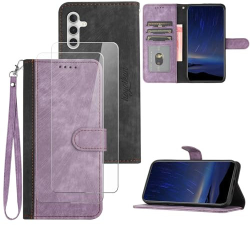 Hoyoikun Flip Custodia in Pelle PU Premium per Samsung Galaxy A55 5G+(2 Pezzi Vetro Temperato).Custodia Sottile in Pelle per Telefono,Premium PU/TPU,Supporto Stand,Chiusura Magnetica viola-viola