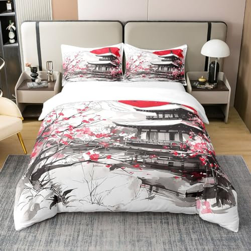 100% Baumwolle Japanische Tröster Abdeckung 155x220,Schwarz und Rot Kirschblüte Bettwäsche Set für Mädchen Jungen Erwachsene,Orientalischer Asiatischer Stil Bettbezug Mount Fuji Blumen Bettdeckenbezug