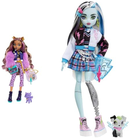Monster High Clawdeen Wolf-Puppe mit Hund Crescent und Accessoires wie Rucksack & Frankie Puppe - Elektrisierende Mode, Voltageous College-Jacke