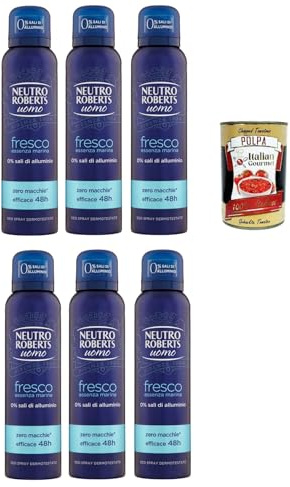 Italian Gourmet Deodorante Spray Uomo Essenza Marina 6 x 150ml frisch 48h | Protezione 48 ore, Duft gegen Schweiß, trockenes Hautgefühl im Alltag, Gesamtnettogewicht 900 ml + Kostenlos Polpa 400g