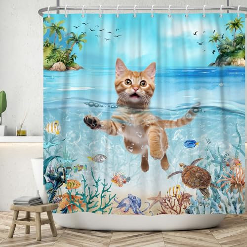 ASDCXZ Duschvorhang Katze 240x180 cm, Lustig Niedlich Katze Sommer Ozean Palmen Meerestiere Koralle Waschbar Bad Duschvorhänge Polyester Textil Wasserdicht Duschvorhang für Badewanne mit 12 Haken