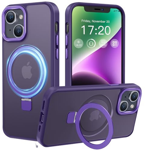 PuyaTeya Magnetic Stand for iPhone 13/14 Case, Compatible with Mag-Safe, Military Drop Protection, Anti-scratch/fingerprint Translucent Matte iPhone 13/14 Phone Case(Purple)
