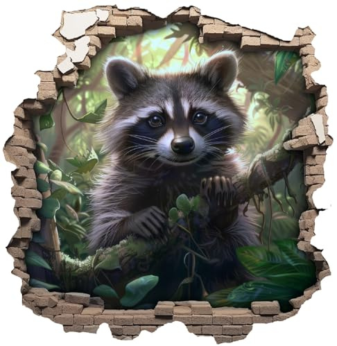 Samunshi® Wandaufkleber Wandriss mit Waschbär in Wald Wandsticker Fenster in andere Welt Portal für Kinderzimmer Aufkleber Küche Wallart 50x50cm