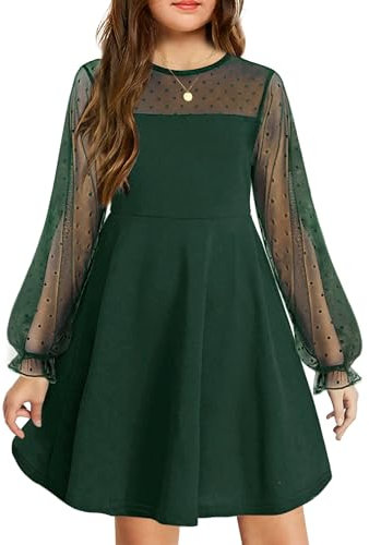 Arshiner Girls Elegant Princess Party Festive Dress Puff Long Sleeve Mesh Chrismas Birtyday Dress for Kids Knee Length Green 160 12-13 Years