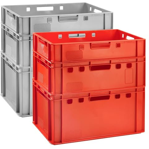 BURI Fleischkisten Kisten Eurobox lebensmittelecht - HDPE Metzgerkiste Box Aufbewahrungsbox Kunststoff Wanne Plastik Stapelbar Lagerkisten, Farbe:rot, Menge:5 Stück, Fleischkiste:E3
