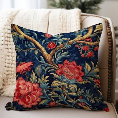 WoGuangis Navy Blue and Red Floral Waterproof Cushion Cover Botanical Burgundy Gold Olive Flower Outdoor Pillow Covers Chinoiserie Chic Canvas Throw Pillowcase for Patio Garden Lawn 16x16in