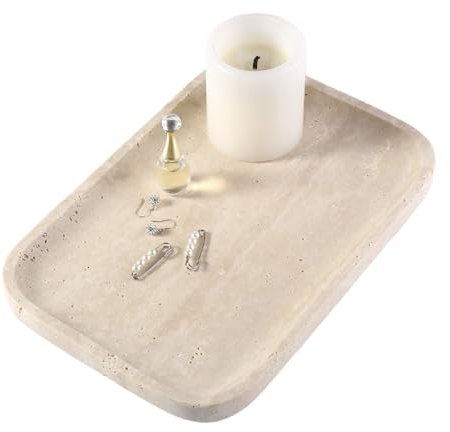 Karibiber Marble Vanity Tray For Dresser Organizer, Travertine Bathroom Tray Countertop, Decorative Serving Trays, Kitchen Sink Storage, Jewelry & Perfume Holder(Travertino Romano)