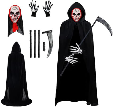 NEWUPZSI Costume d'Halloween de la faucheuse avec masque crâne, gants, cape d'Halloween, pour fête, Halloween, décoration cosplay