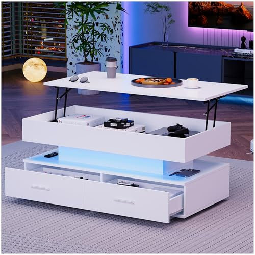 Sapgaks Table Basse relevable avec éclairage LED, contrôle Bluetooth APP, 2 tiroirs et Espace de Rangement Ouvert,Table Basse hydraulique réglable en Hauteur 100 * 50 * 44cm