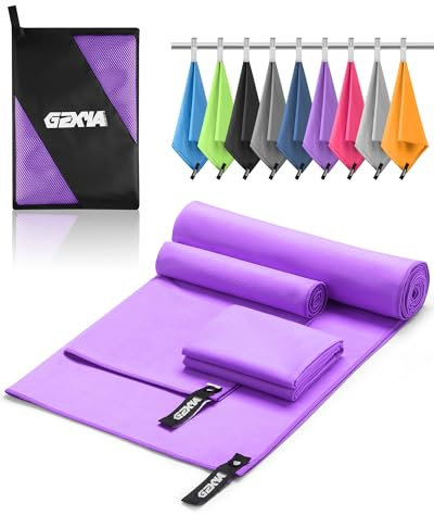 GZXYA Mikrofaser Handtuch 3er-Set (180 x 60 cm großes Badetuch + 2 Stück 80x40 cm kleines Towels), Schnelltrocknendes Microfaser Handtücher für Fitness Handtuch Sport (Purple 180 * 60+80 * 40 * 2)