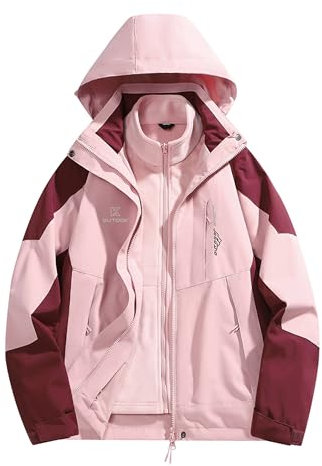 KUTOOK 3 IN 1 Winterjacke Damen Fleecejacke Lang Winter Jacke 3in1 Skijacke Wasserdicht Winddicht Funktionsjacke mit Kapuze Rosa M