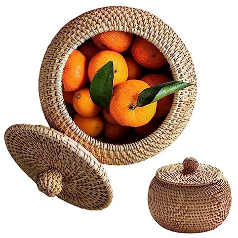 Caja de ratán con cestas de almacenamiento de tapa cesta de mimbre redonda a prueba de polvo sin olor Canasta de almacenamiento de mimbre de color sólido para la cocina de la granja doméstica