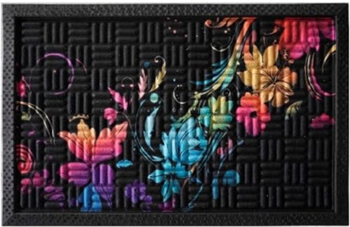 Door Mat Large 75cmx45cm Rubber Back Non slip Vibrant Colorful Design Patterned Easy to clean Home Entrance Mud Scraper Dirt Catcher Decorative Bubble Texture (Black & Flowers)