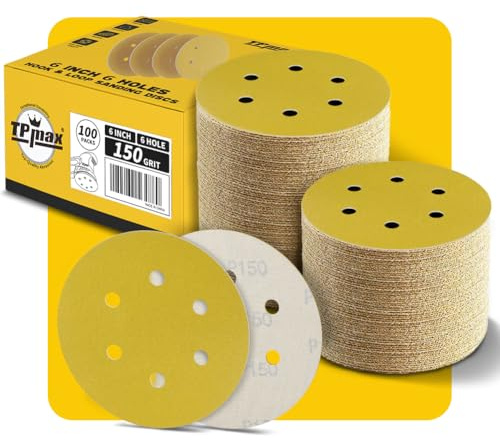 100PCS 150mm 150 Grit 6 inch 6 Hole Sanding Discs Sandpaper - Premium Gold Round Hook and Loop for Random Orbital Sander - Ideal for Wood, Metal, Automotive