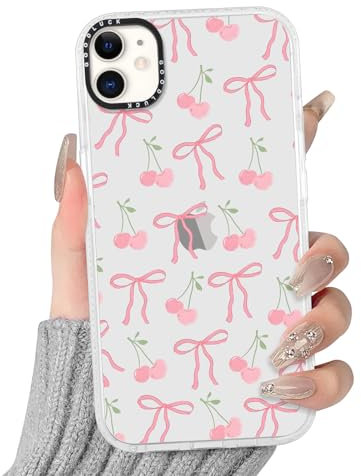Yoedge Transparent Pink Bow Phone Case for iPhone 11 6.1 Inch, Ultrathin Soft TPU Silicone with Cherry Aesthetics Pattern Design,Shockproof Bumper Protector Matte Clear Cover, for Girls and Women