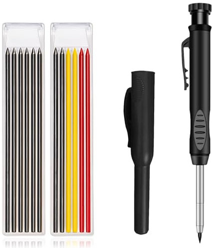 flintronic Tieflochmarker Bleistift Set, 2 Solide Zimmermannsbleistifte mit 12 Minen, Bleistift Baustelle, Zimmermannsbleistift mit Etui, Robuster Konstruktionsbleistift für Architekten