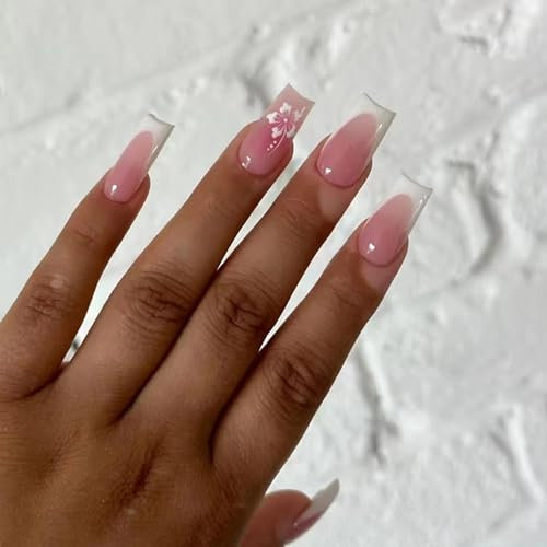 Unghie Finte Semipermanenti French Design con Fiori Brillanti – 24 Pezzi, ABS, Medium Square, Decorazioni Floreali per Donne e Ragazze