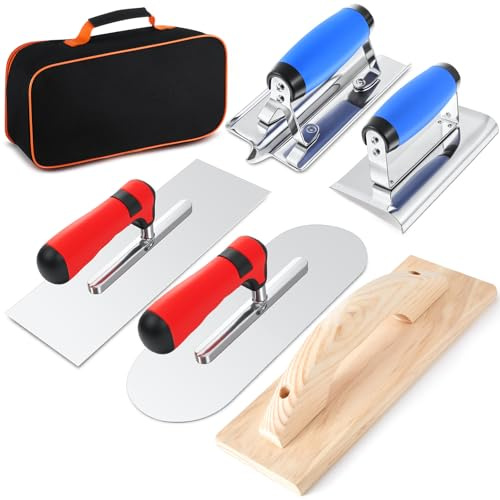 MorningRo 6pcs Concrete Hand Tools Set Masonry Tools Includes Stainless Steel Concrete Hand Edger, Groover, Rubber Grout Float, Finishing Trowel, Pool Trowel and Tool Bag for Cement Beginner Kit