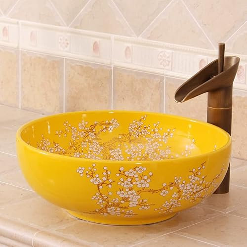 GKJHTED Lavabo de cerámica para baño, Estilo artístico Chino, Hecho a Mano, con diseño de Flores de Color Amarillo, Jingdezhen, con Forma de Flor, p