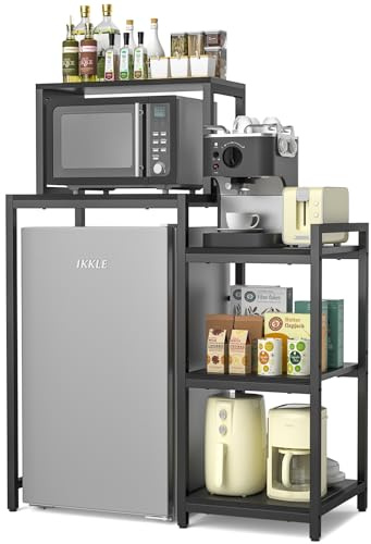 ikkle Mini Fridge Stand with Storage Shelves, 3-Tier Mini Fridge Cabinet Microwave Stand Baker Rack, Wood Utility Storage Shelf with Mini Fridge Storage Space for Dorm Kitchen, Black