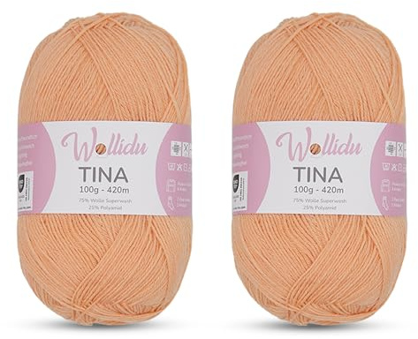 Wollidu Tina Strumpfwolle/Sockengarn 4-fädig 2er Set – 75% Wolle 25% Polyamid – 100g/420m – Nadelstärke 2–3 mm – uni Sockenwolle – Farbe Pfirsich
