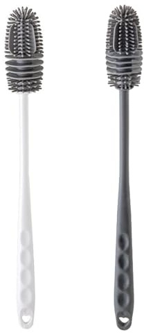2 Pack Silicone Bottle Brush, Colour-Coded (White & Grey) with 28cm Handle, 360°Rotating Head & Antibacterial Bristles, for Baby Bottles, Coffee Cups, Blender Jars