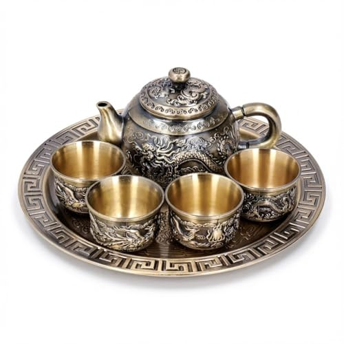 WAHEWUD Juego de Tetera de Metal de estilo marroquí Vintage, tetera de aleación de Zinc con 4 tazas y plato, decoración de mesa con tótem de dragón en relieve