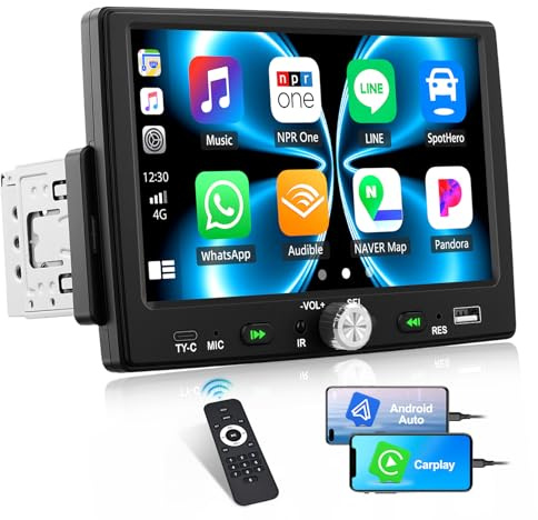 CAMECHO Single Din Car Stereo with Apple CarPlay Android Auto, 7 inch HD Touchscreen 1 Din Car Radio with Bluetooth 5.0, Mirror Link, FM, EQ, Type-C/USB Input, Remote Control