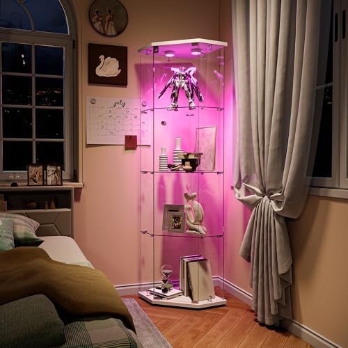 FOERPL Vitrine d'angle avec Éclairage LED, Vitrine Verre sur Pied à 4 Couches, Armoire de Collection en Verre avec Porte Verrouillable pour Salon/Bureau/Salle de Jeux,Blanc