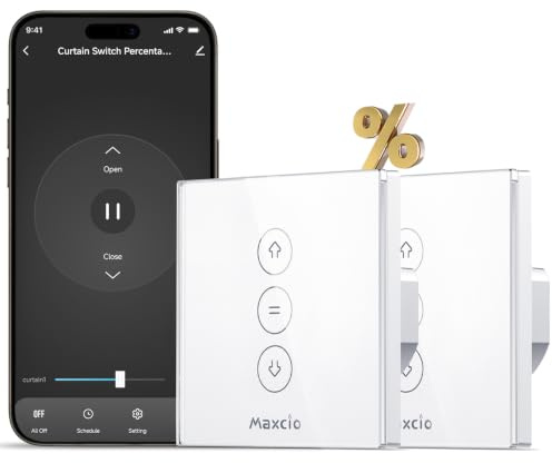 Maxcio Interruptor Persiana WiFi con Control de Porcentaje, Interruptor Inteligente de Cortina Compatible con Alexa y Google Home, Temporizador, Panel de Cristal Táctil, Requiere Cable Neutro, 2 Packs