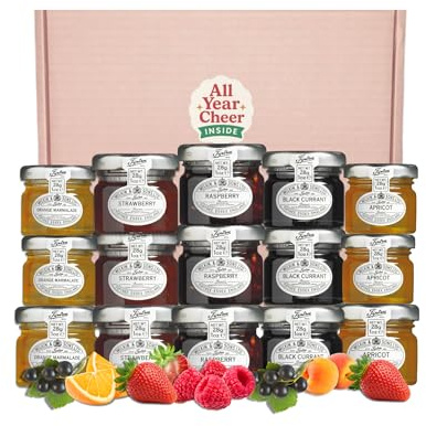 All Year Cheer Mini Jam Gift Set – 15 Assorted Jam Pots (Raspberry, Strawberry, Blackcurrant, Apricot & Marmalade) + Mystery Gift