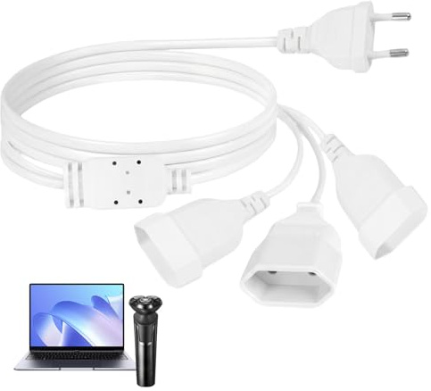 1M Cable de Extensión Plano Europeo, Alargador Enchufe Plano 3 en 1, Diseño de Enchufe Plano, Compatible Enchufes Estándar Europeos,Organización Práctica en Hogar y Oficina, Blanco