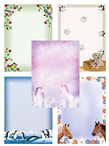 tierisch-witzig Briefpapier-Mix 50 Blatt 5x10 Blatt DIN A4 90 g/m² Einhorn, Pferde, Pinguine, Hund und Katze, Vögel - Mix3